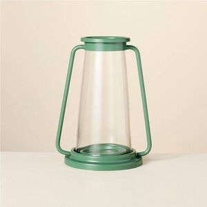 Hearth & Hand 9"x5" Pillar Glass & Metal Hurricane Candle Lantern Dark Green